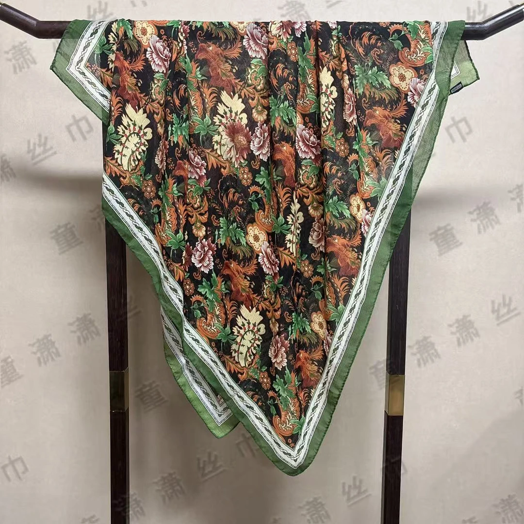 （绿边缤纷花海）绫绡纱105*105左右方巾围巾