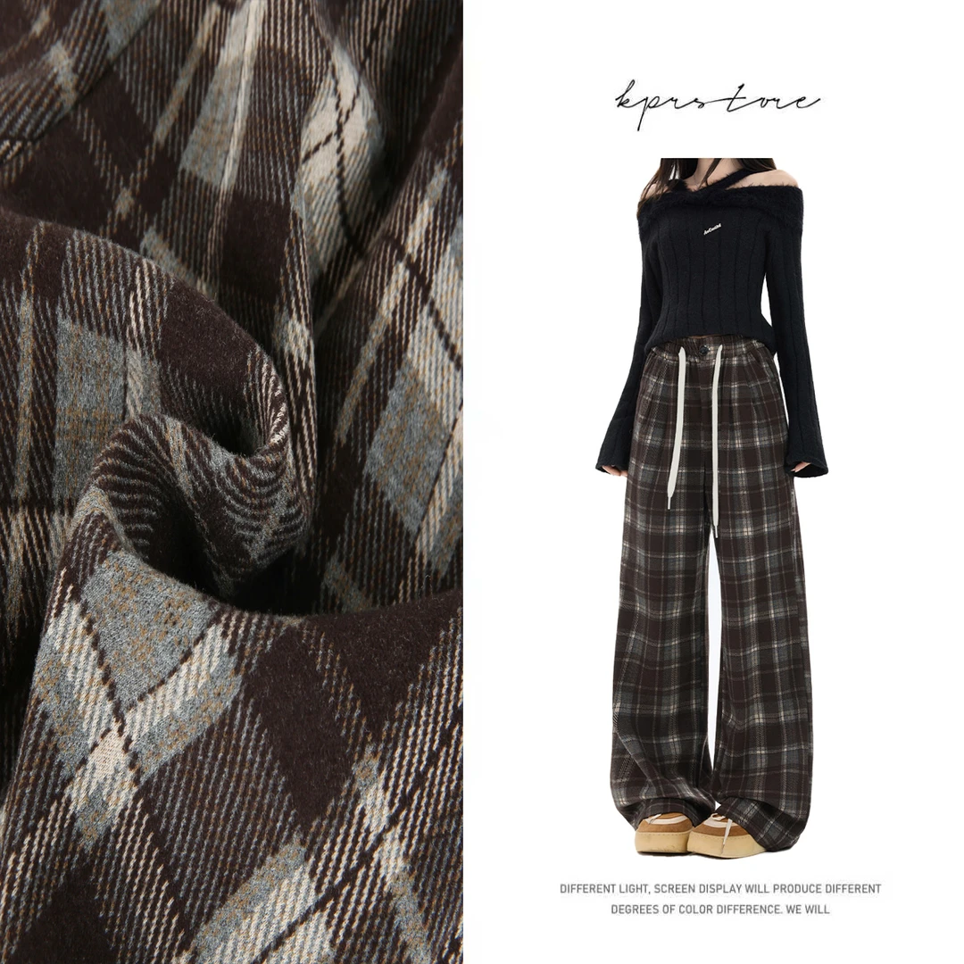 宽松舒适新抽绳格纹休闲裤女高腰显瘦直筒裤子垂感阔腿裤长裤