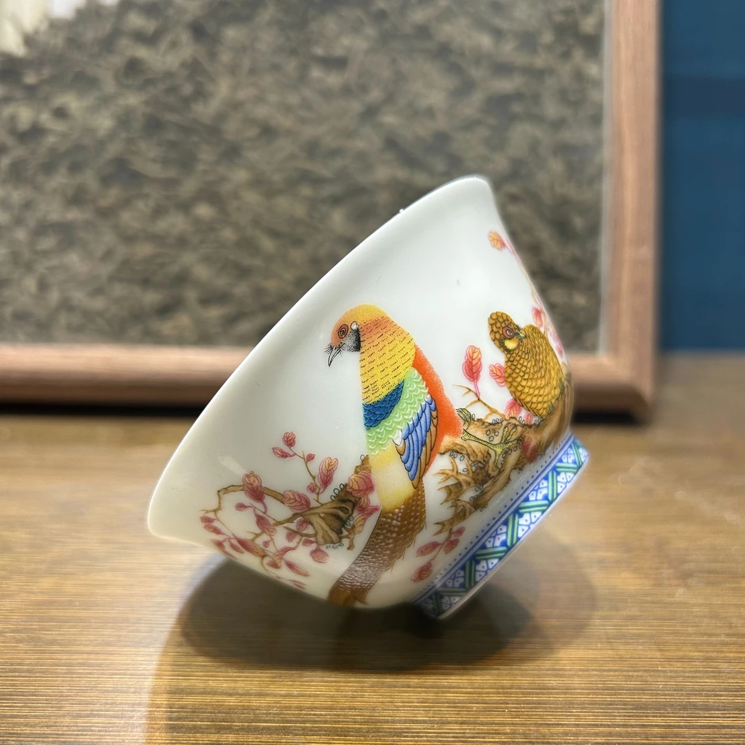 景德镇粉彩陶瓷茶具红腹锦鸡薄胎主人杯