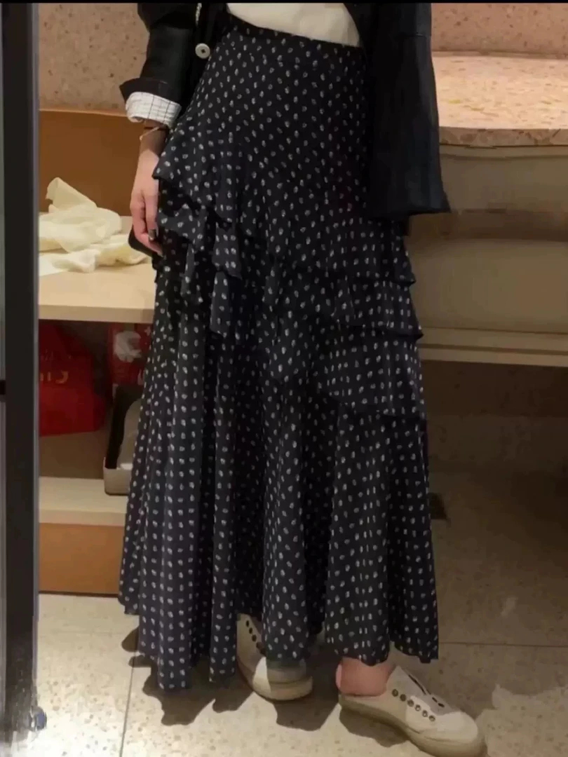 2025新款设计感中长款复古不规则波点碎花半身裙高腰蛋糕裙-2537