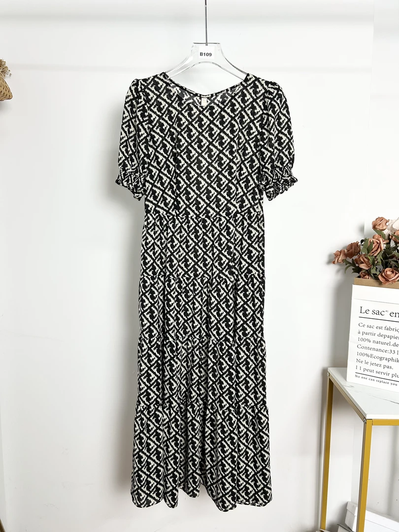 套头款夏季短袖印花连衣裙中长裙L093