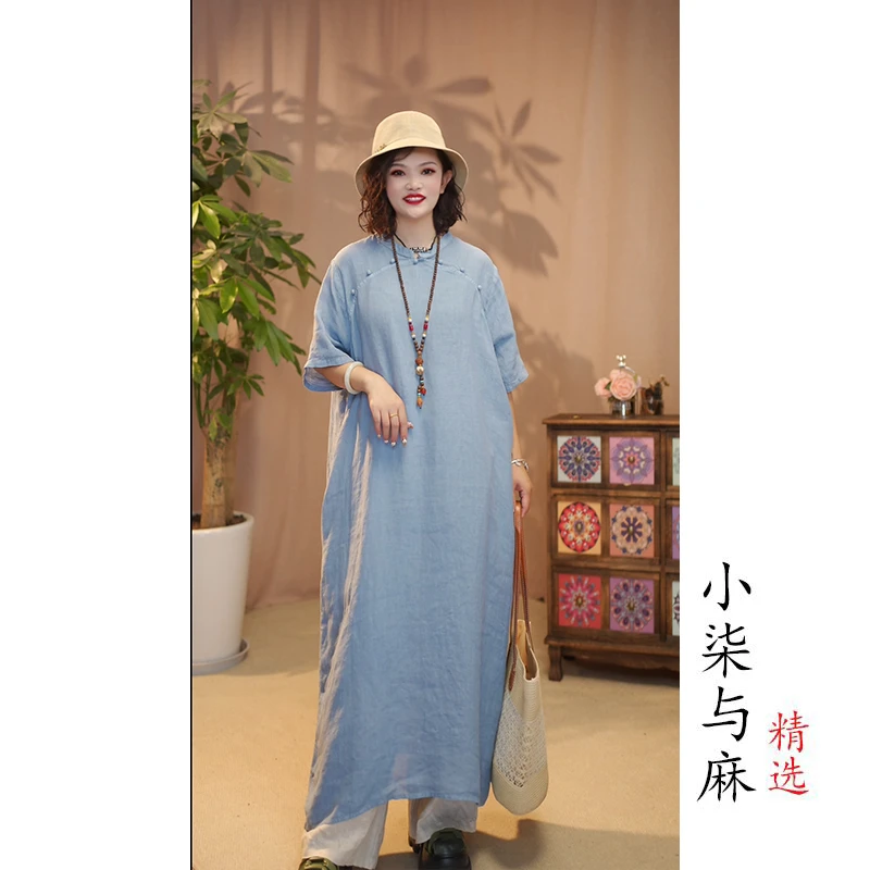 【小柒与麻】100%干洗汉麻立领斜襟扣轻薄长款裙袍（衣长120胸围126）