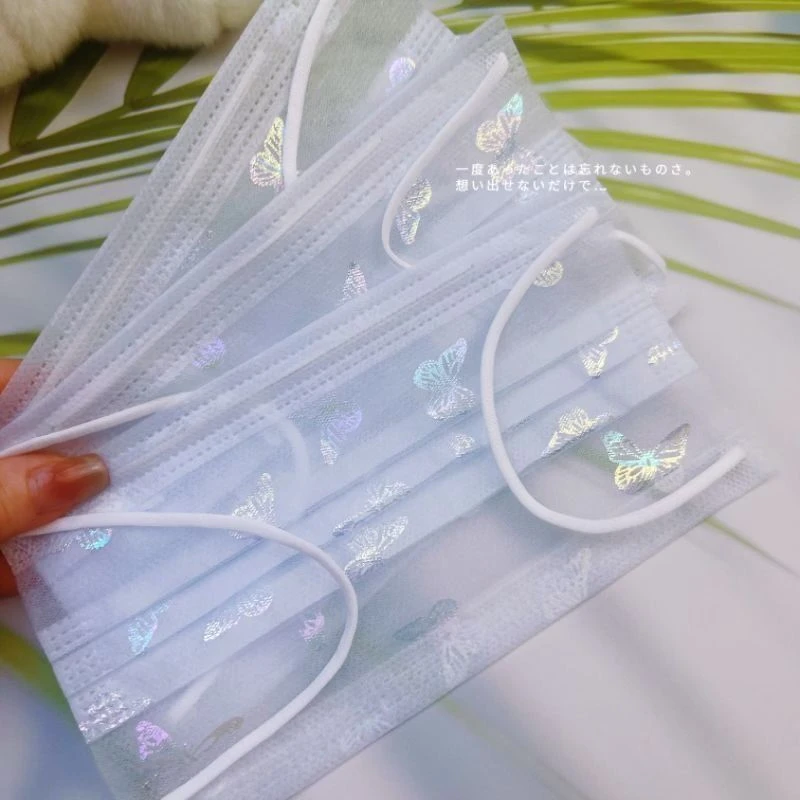 蝴蝶蕾丝一次性2层网纱口罩夏季薄款透气浅蓝色高颜值轻薄透气