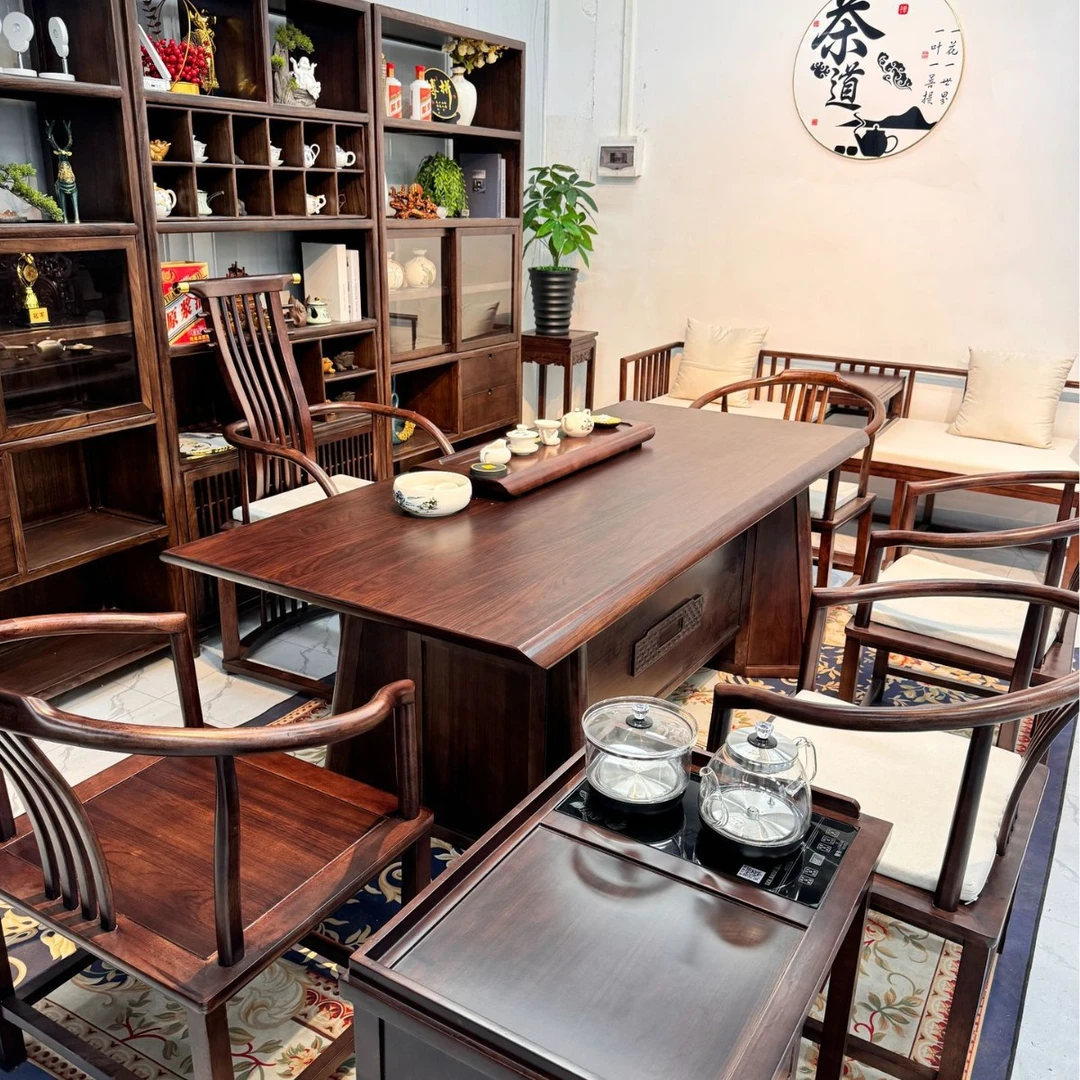 乌金木云景大板家具茶桌新中式实木禅意茶台胡桃木茶几全套组合
