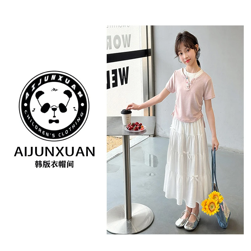 【现货】2026韩版女童短袖t恤夏季新款女孩洋气抽绳短款假两件上衣