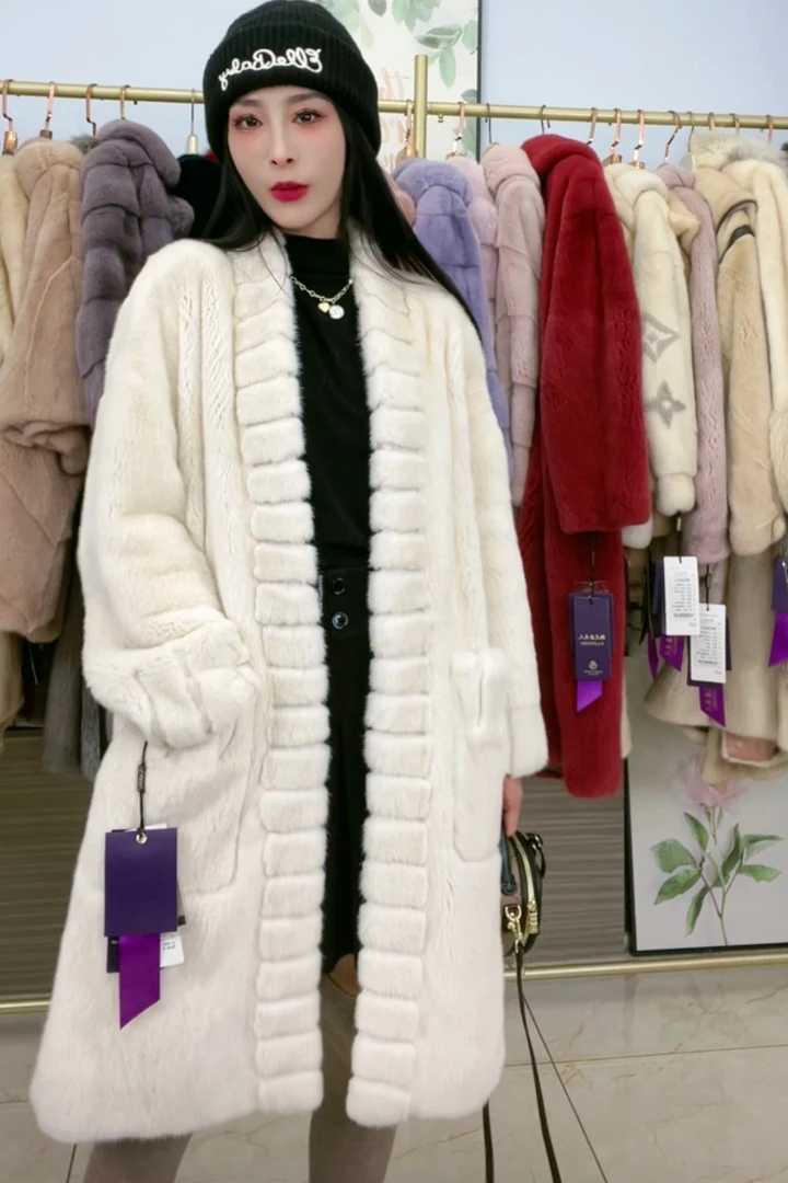 珍珠白V领大长款进口天鹅绒貂皮大衣女士皮草外套