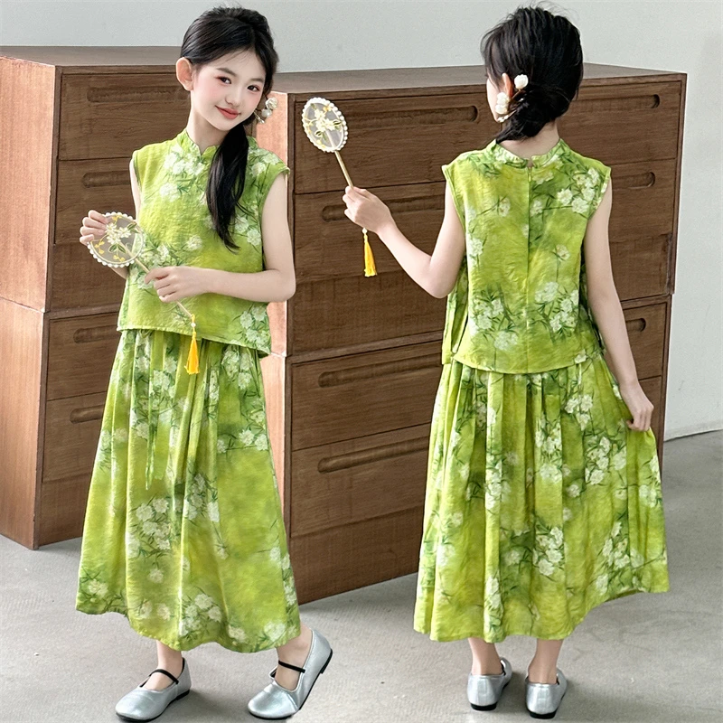 女童夏季新中式套装2025新款女孩国风提花立领无袖上衣儿童马面裙
