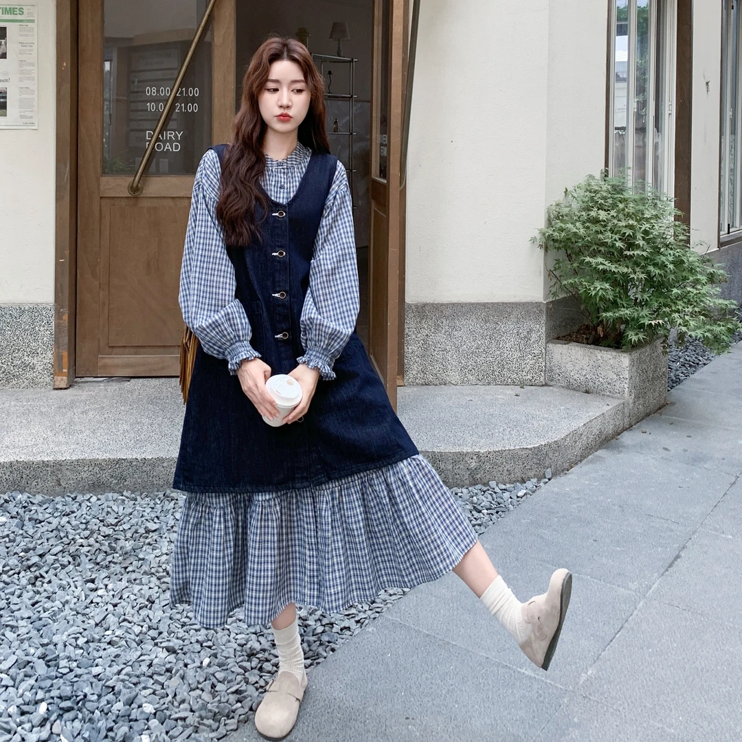 日系复古学院风格子连衣裙套装女2025年春秋新款牛仔背心裙两件套