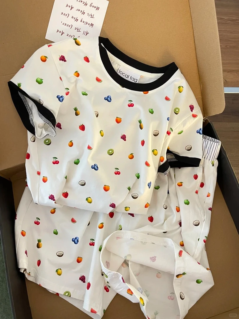 【DMXJ大梦想家】甜美可爱水果印花睡衣女夏季款修身透气家居服套装