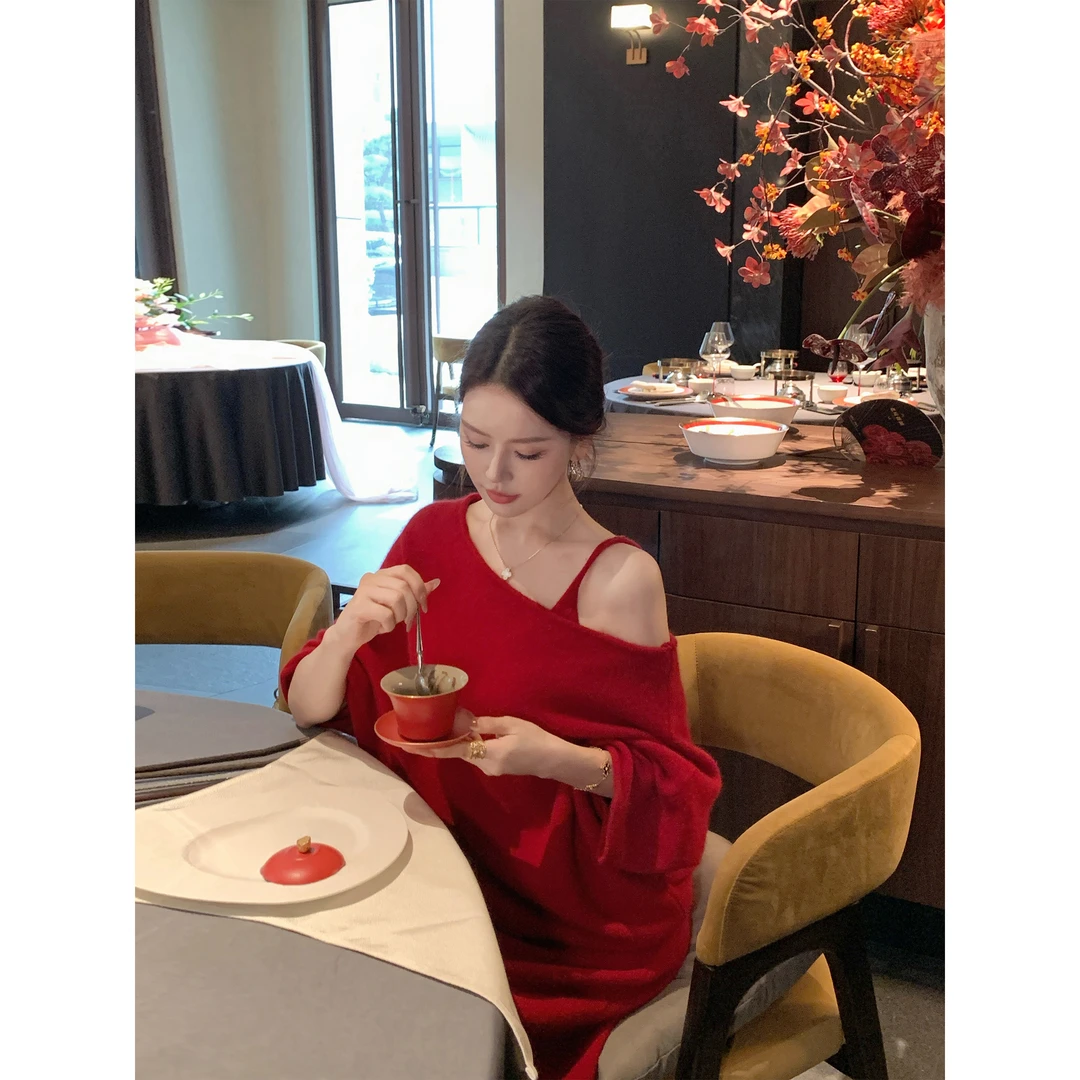 xinxin studio【鎏金玫瑰】浣熊绒牦牛绒羊毛一字肩套装 Q510184