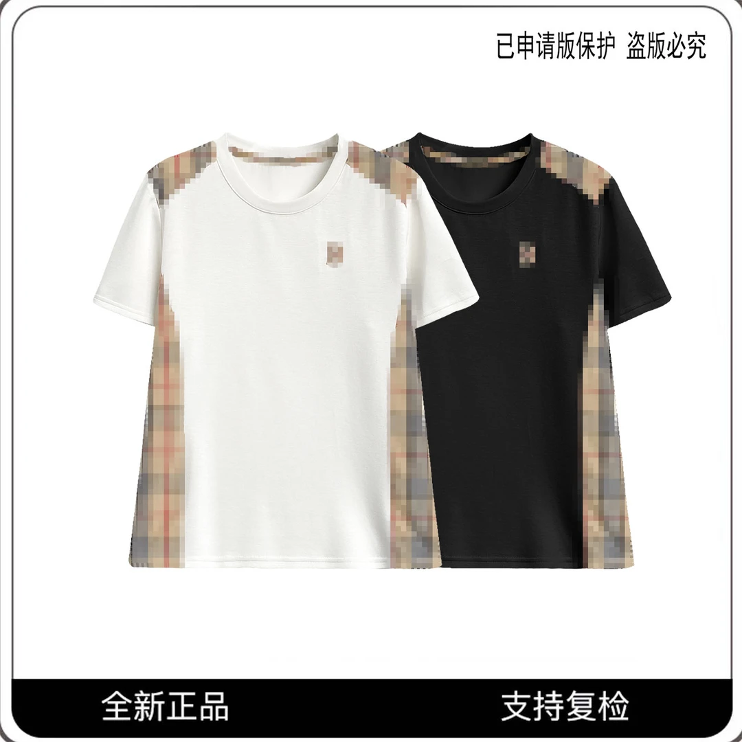 68055#CSIN轻奢时尚格子拼接圆领短袖T恤2025休闲潮流个性上衣
