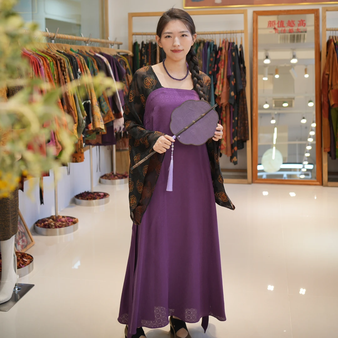 《罗敷令》桑蚕丝香云纱新中式花罗宽袖连衣裙