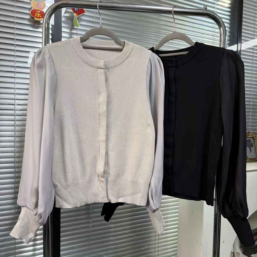 【外贸精品】2403 拼接泡泡袖弹力纯色简约 针织衫