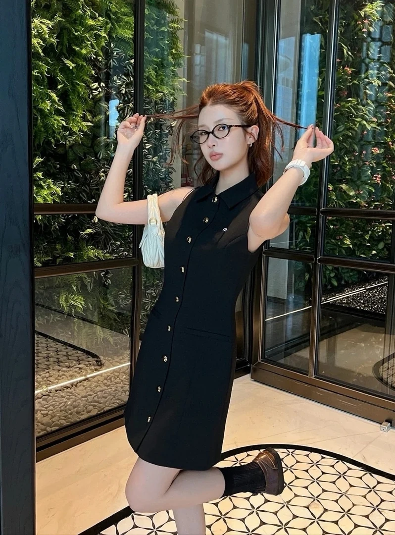 中腰连衣裙A字裙短裙开衫通勤夏季无袖常规款-69099