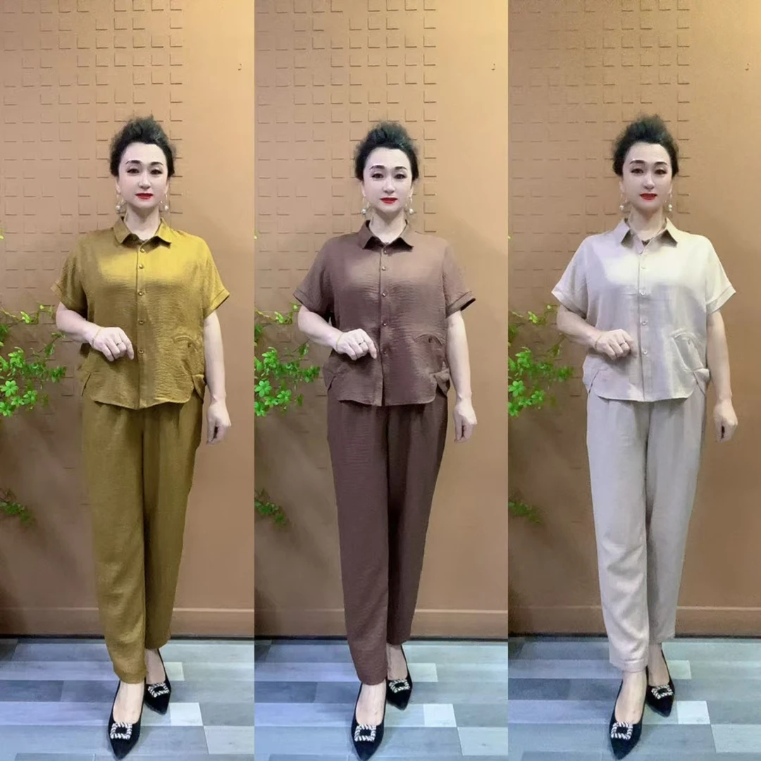 2025新款妈妈春夏显瘦套装中老年女装纯色气质两件套装妈妈装