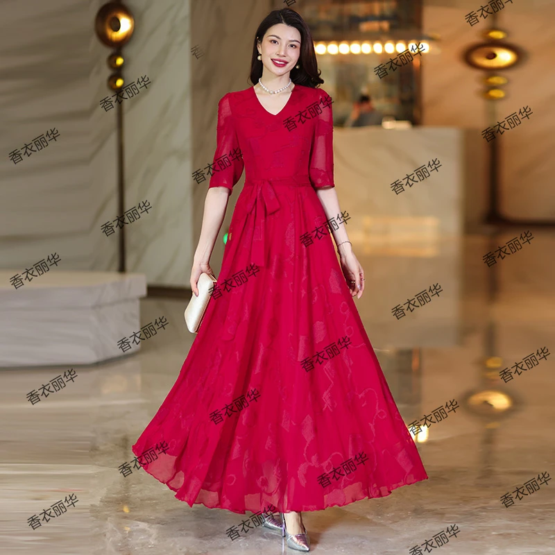 香衣丽华08-353夏季新款V领中袖纯色长款过膝大摆连衣裙显瘦