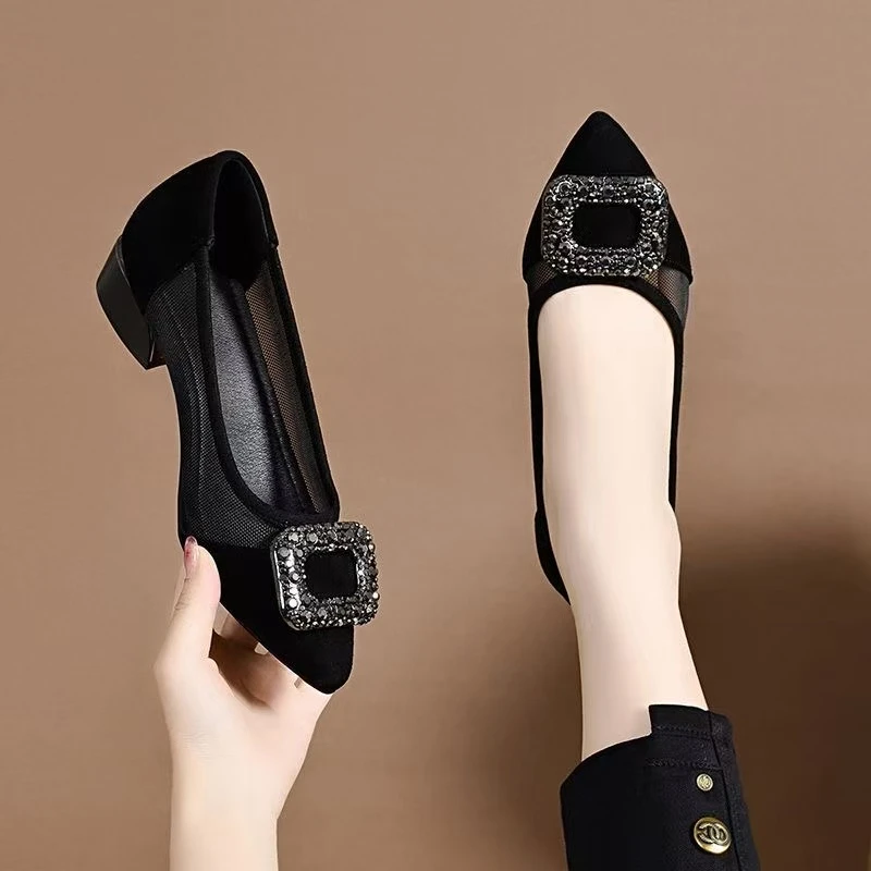 新款百搭磨砂女鞋气质方扣尖头浅口软底网纱透气单鞋