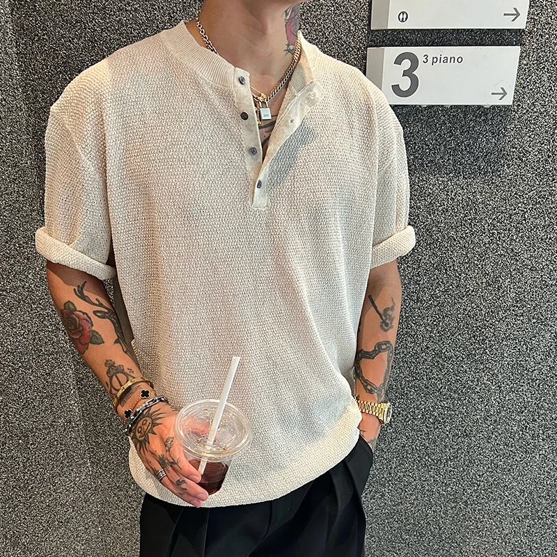 OXFREAK「亚麻天丝老钱风」轻奢亨利领短袖t恤男夏季薄款老钱风短袖