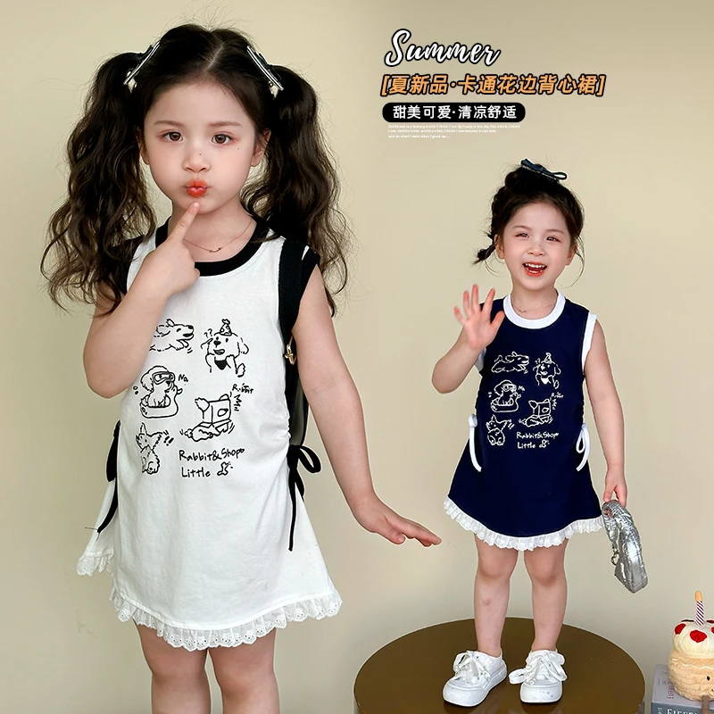 女童夏装连衣裙2025新款洋气女宝宝T恤卫衣裙小童卡通无袖背心裙