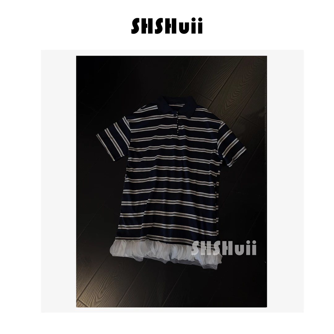 SSHuii【下梦雨】polo领短袖T恤裙拼接网纱裙子