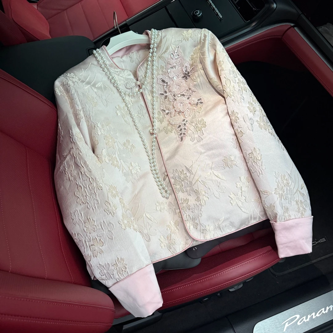 璃落加棉 新中式时尚轻奢气质立领长袖浮雕刺绣棉服女百搭高级感