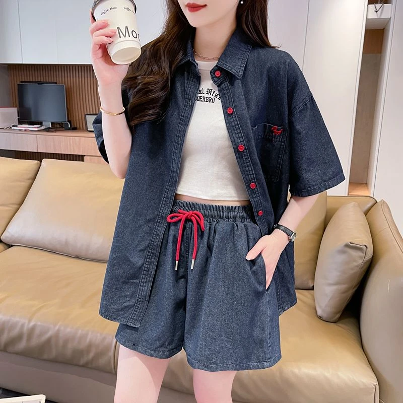 2025夏季新款大码阔腿牛仔衣服短袖上衣时尚薄款女装两件套秋装