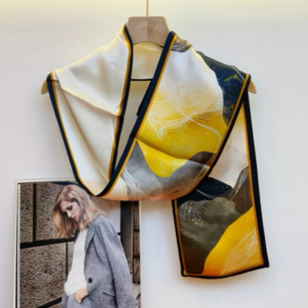 真丝长条丝巾女士桑蚕丝领巾多功能网红同款素绉缎面双层百搭飘带