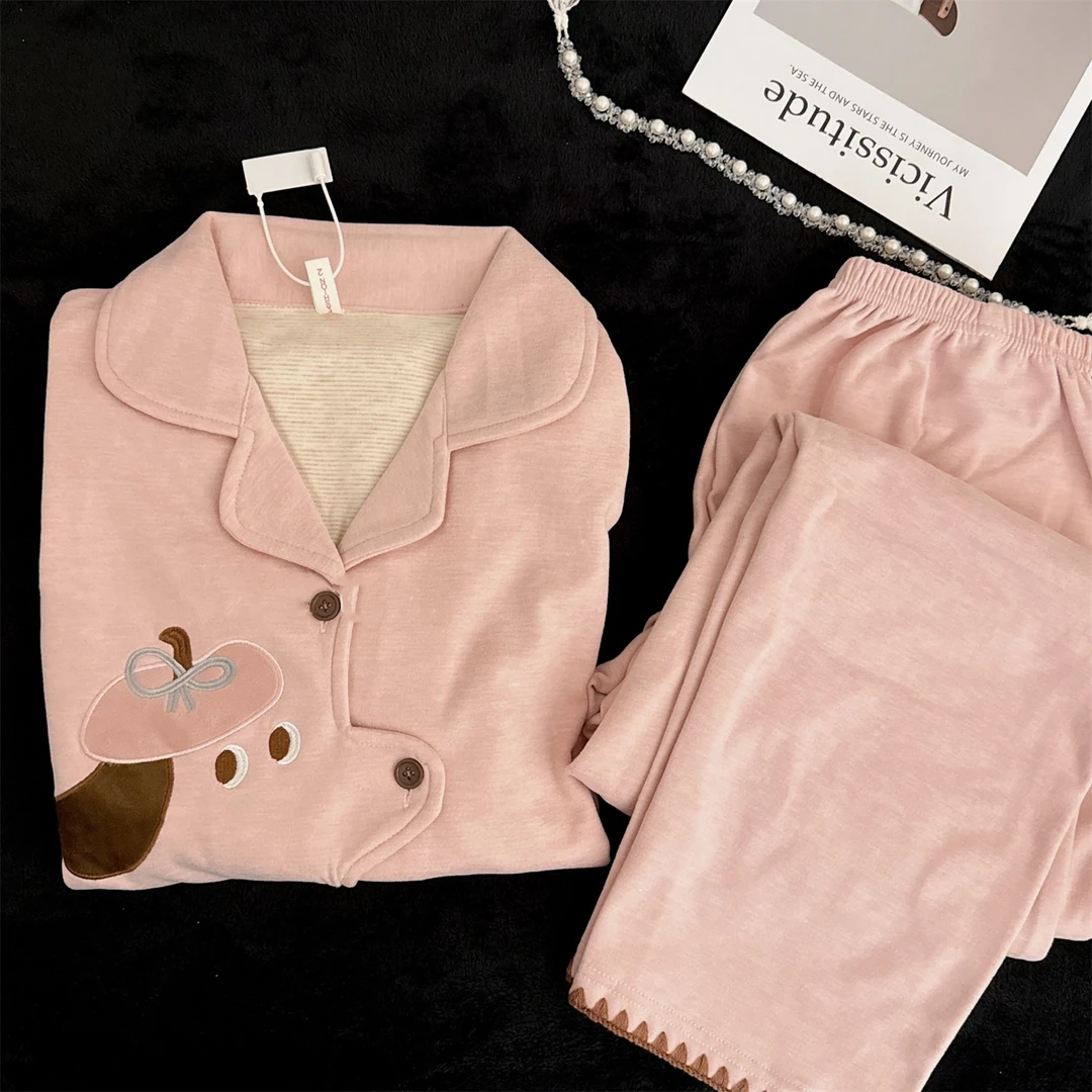 德绒睡衣女秋冬季加厚保暖磨毛日系可爱小狗刺绣少女可外穿家居服