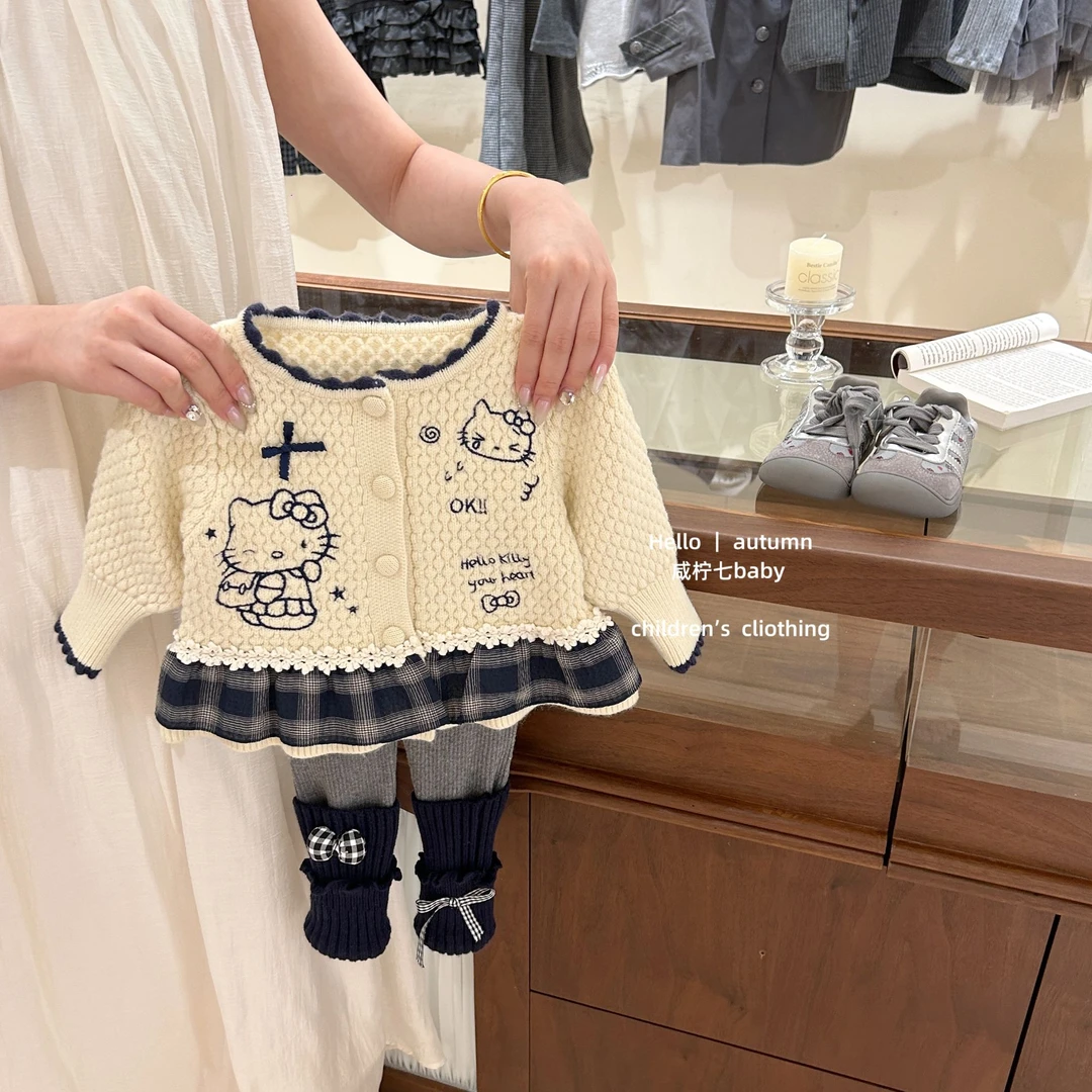 现【咸柠七】原创！女宝宝毛衣秋季kt猫花边针织开衫女童甜美外套