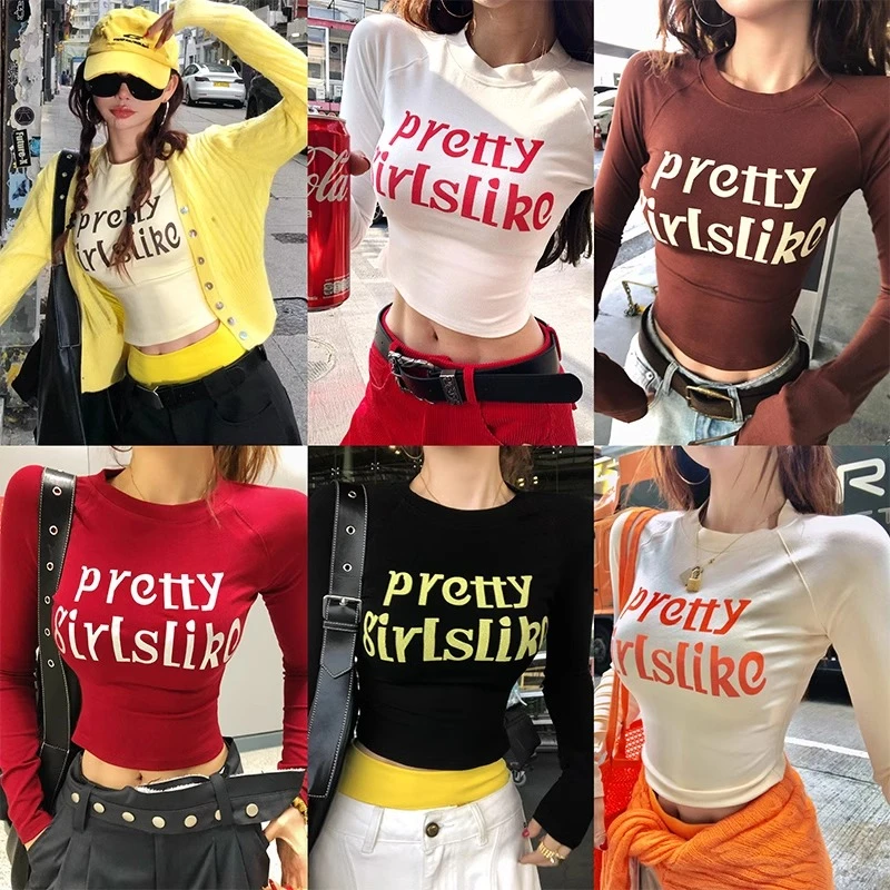 甜酷狙击美式复古拼色印花T恤女早春2025新款显瘦长袖上衣