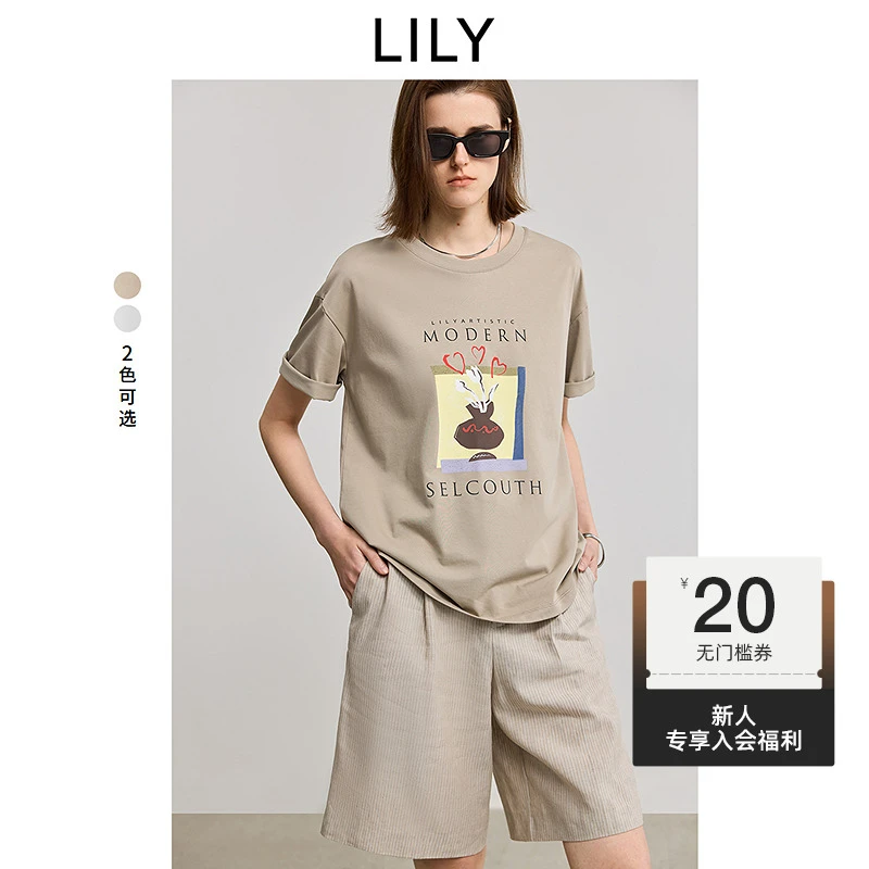【一秒入夏】LILY2025夏季新款简约印花洋气百搭短袖T恤125219VT968