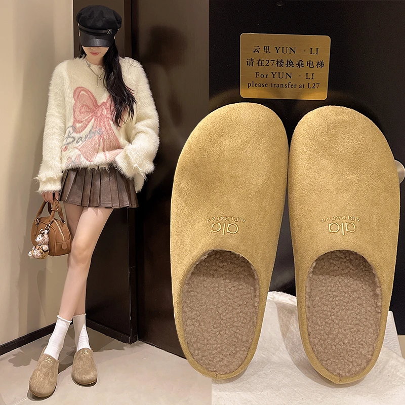 加绒厚底包头勃肯鞋时尚百搭2025秋冬新款一脚蹬居家外穿半拖