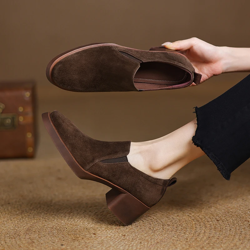 5CM，羊皮圆头新款通勤鞋中跟粗跟尖头高跟鞋通勤软皮中跟深口单鞋