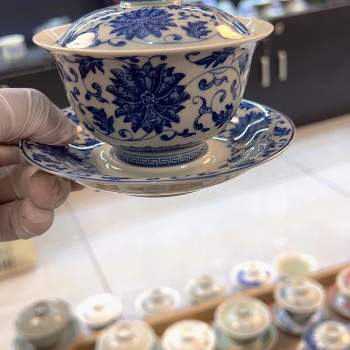 瓷片白青花缠枝莲元宝盖碗全了