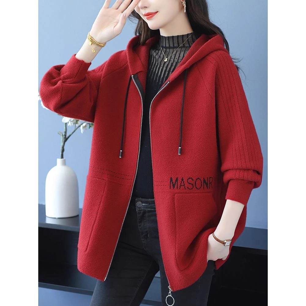 女士毛呢开衫秋冬中长款200斤大码女装上衣显瘦藏肉连帽外套加厚