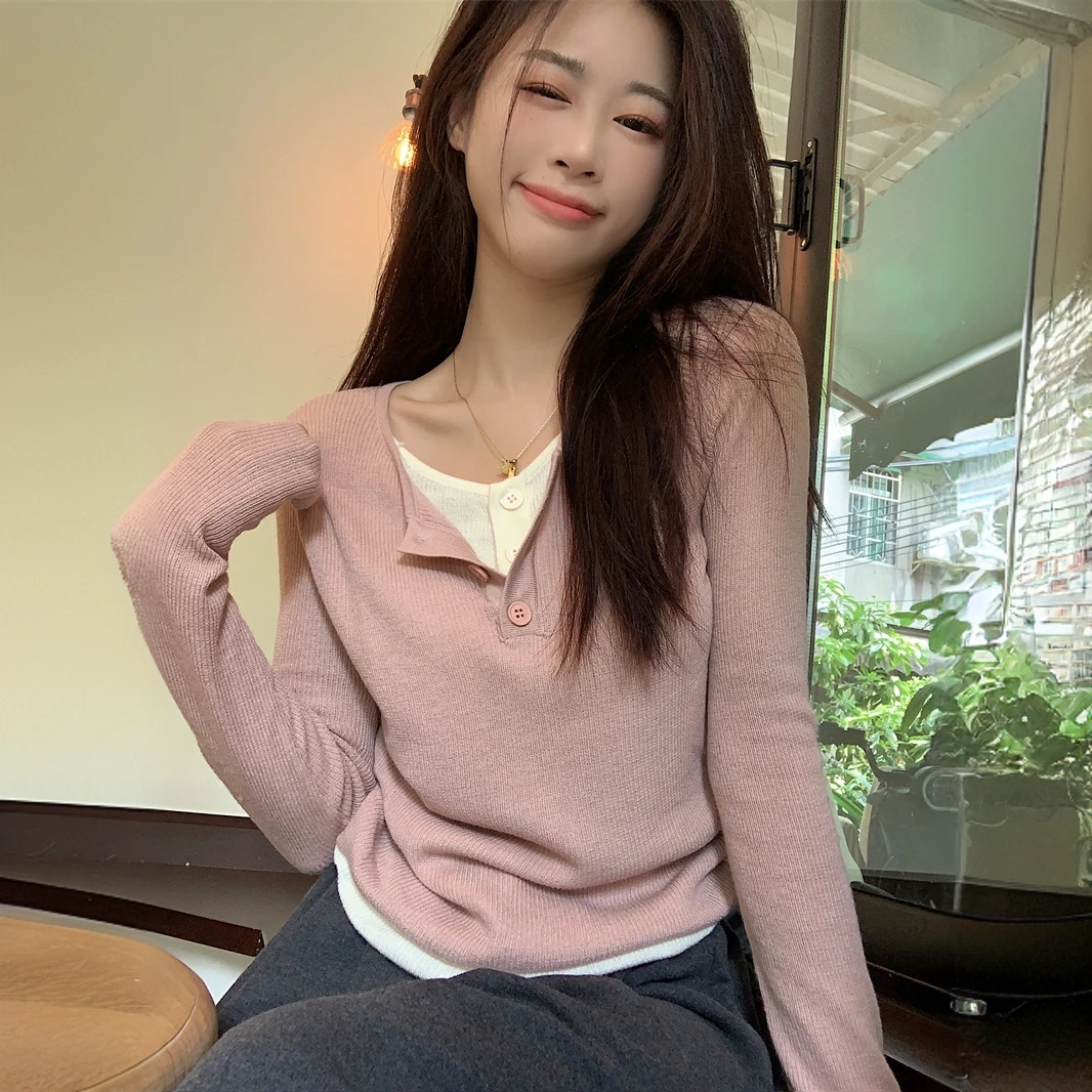 2025春秋新款独特别致漂亮修身女撞色假两件设计感抽绳针织衫上衣