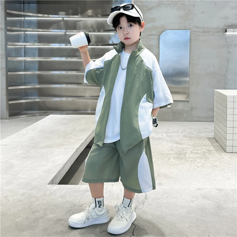 儿童装5-13岁男童速干防晒套装夏季短袖中大童时髦衬衫两件套男孩