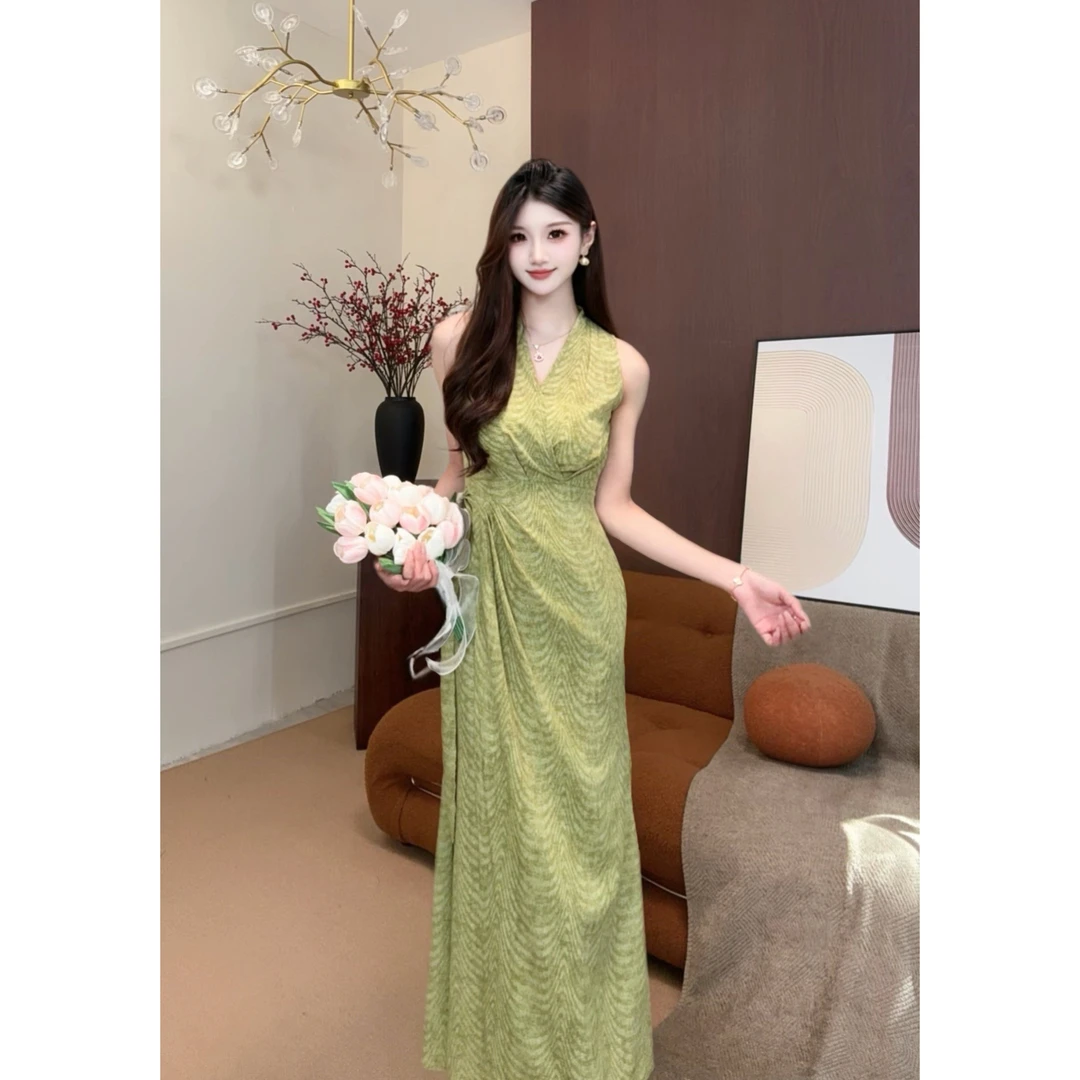 LILYAN【绿境】鱼尾裙夏季性感V领长款裙法式民族风拼接绿色连衣裙
