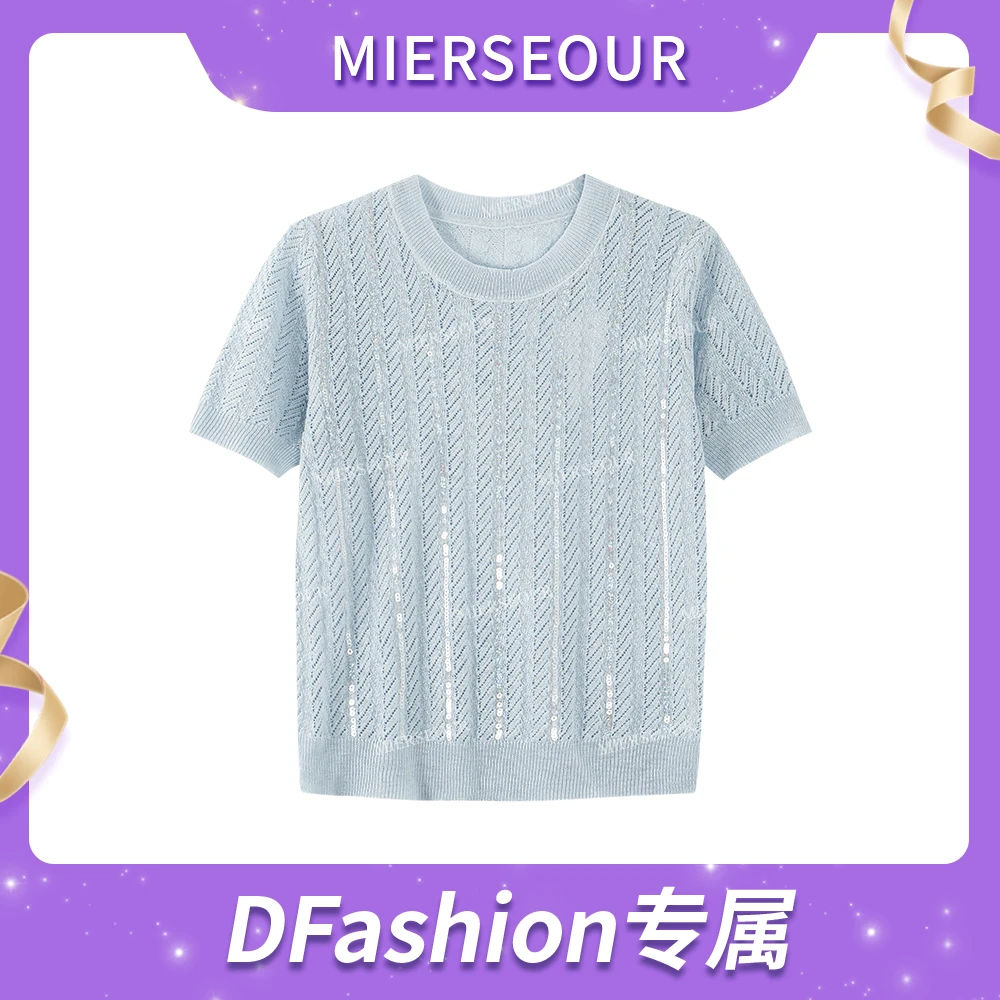 【百利甜】微透竹节麻亮片针织短袖0633