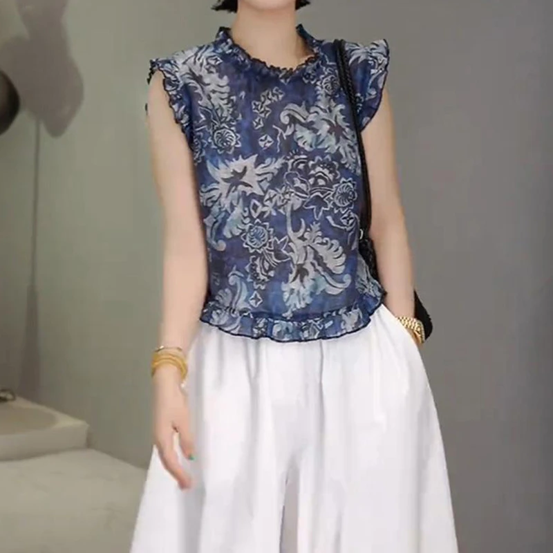 国风印花木耳边领无袖衬衫女夏季宽松薄款衬衣百搭复古新中式上衣