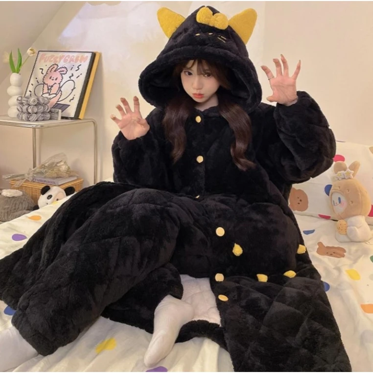 【长款夹棉】冬季睡衣时尚简约舒适长袖气质保暖加绒加厚女士家居服