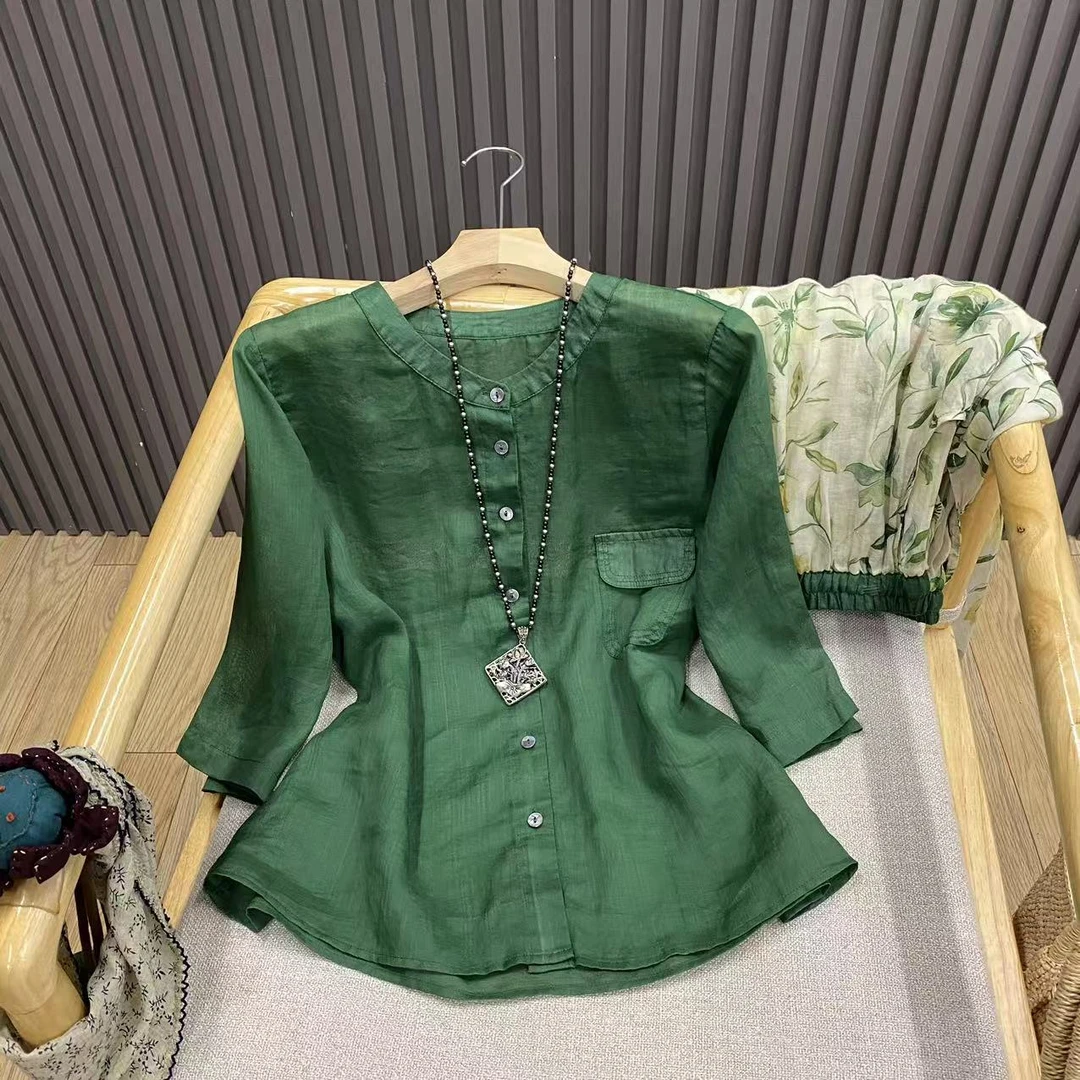 苎麻口袋七分袖衬衫纯色宽松百搭复古文艺薄款上衣女C1312