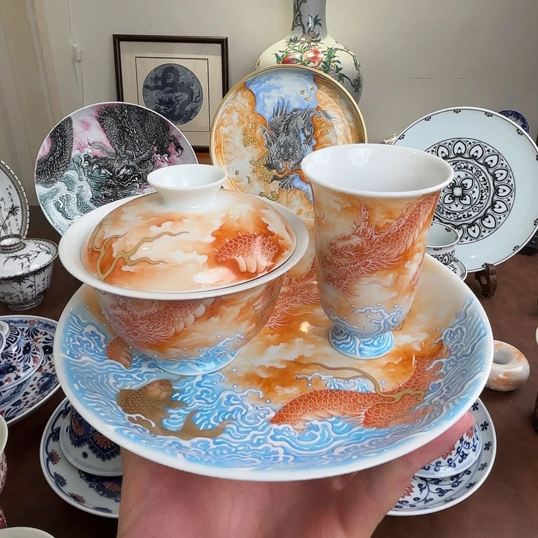 矾红鱼化龙杯子盖碗壶承