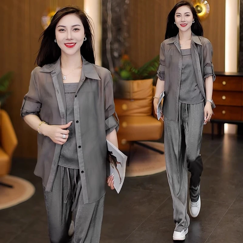 时尚洋气套装女2025夏季新款气质显瘦防晒衬衫吊带阔腿裤两件套潮