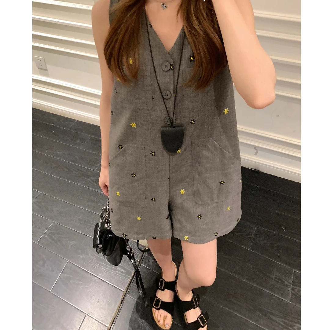 【花样年华】灰色TR绣花连体裤裙夏季设计感显白气质