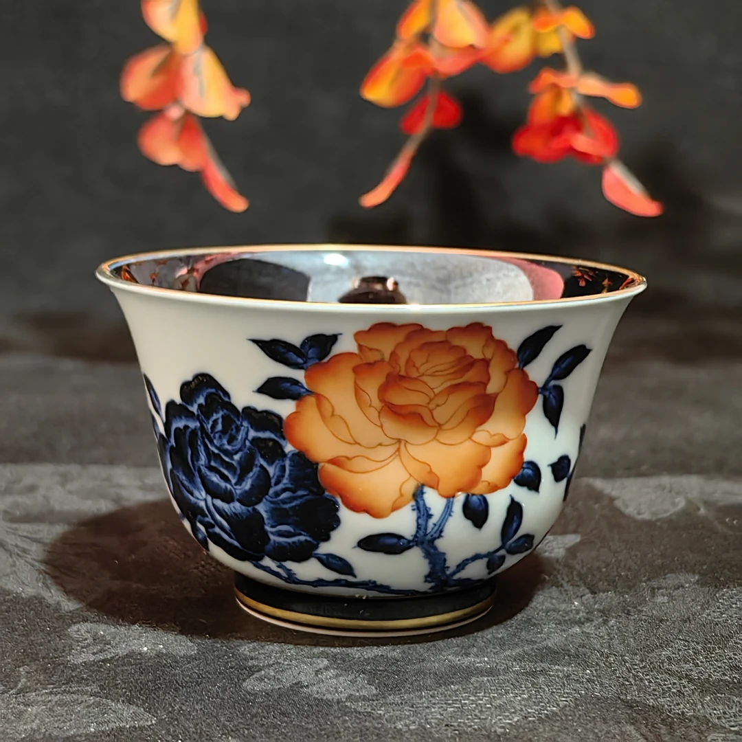 一如山房 黑金描金玫瑰花圆融杯 YR059