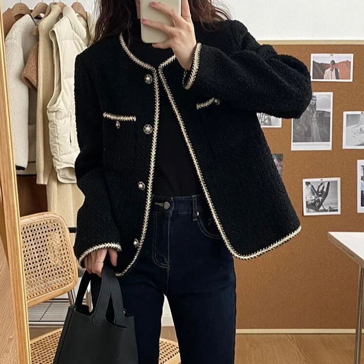 法式名媛小香风夹棉外套秋冬季大码女装胖妹妹感加厚短款开衫上衣