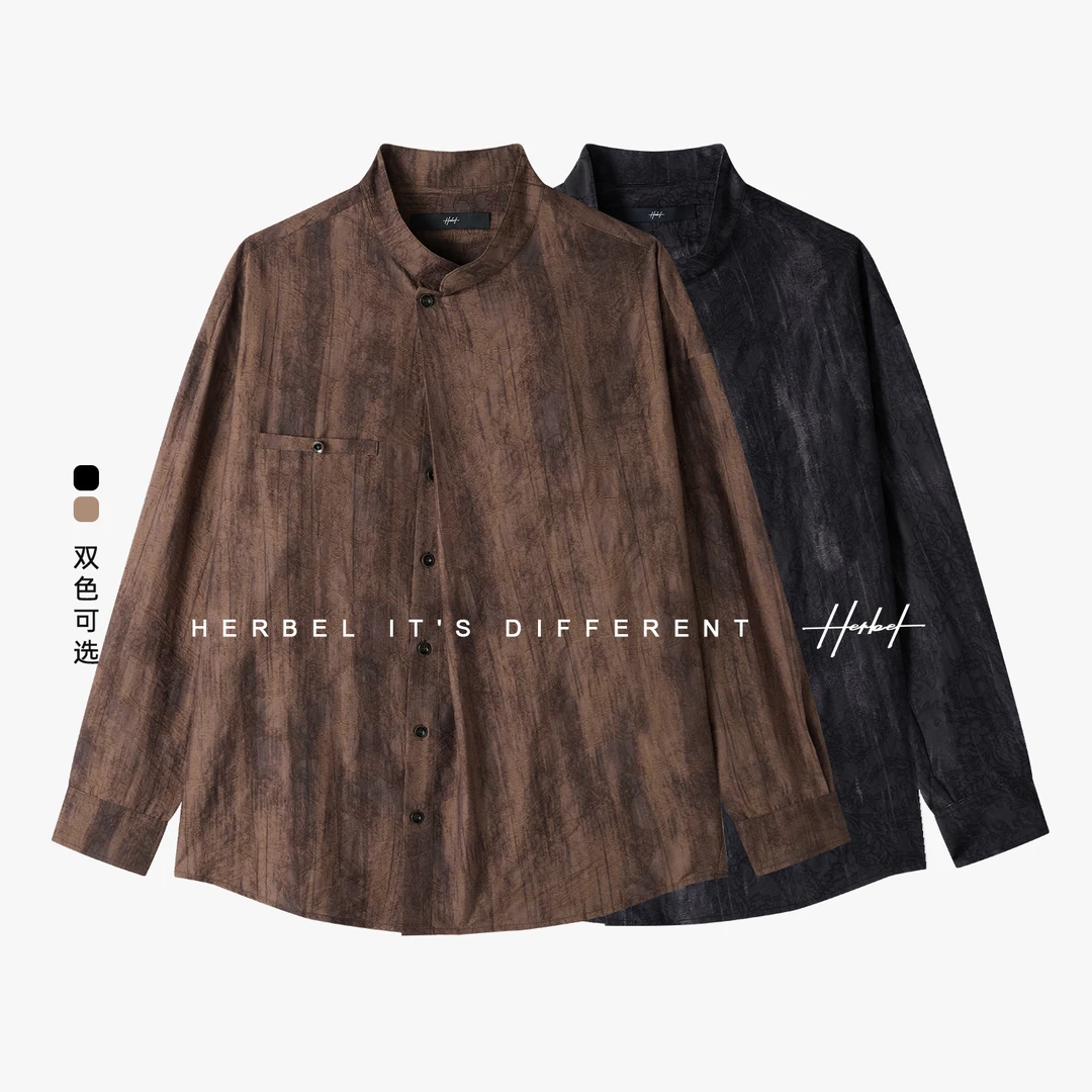 HERBEL/黑白2025秋季新品设计款不对称长袖新中式水墨晕染衬衫