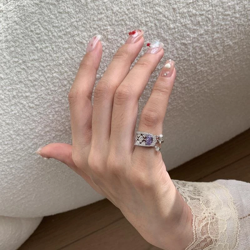 925银戒指 轻奢百搭紫钻流苏戒指女高级感小众设计时尚气质指环