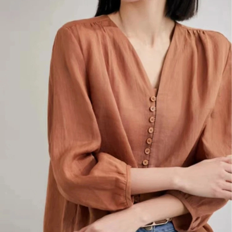 铜氨丝上衣夏季冰凉透气V领时尚文艺复古显瘦百搭开衫
